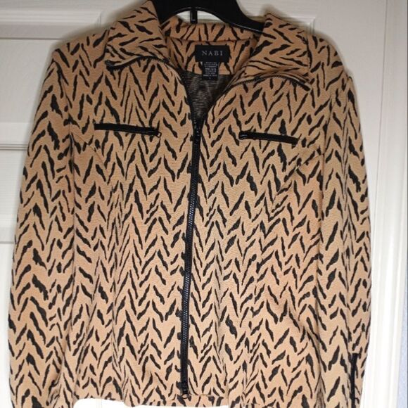 Nabi L Full Zipper Tan Black Longsleeves Zipper on Sleeve Women's Top Sweater - Picture 1 of 11